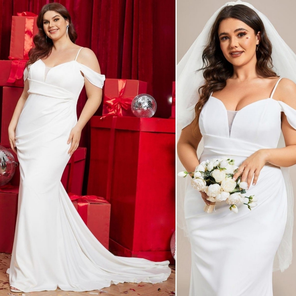 🆕️ Ever Pretty Spaghetti Strap Mermaid Pleated Deep V-Neck Wedding Dress
